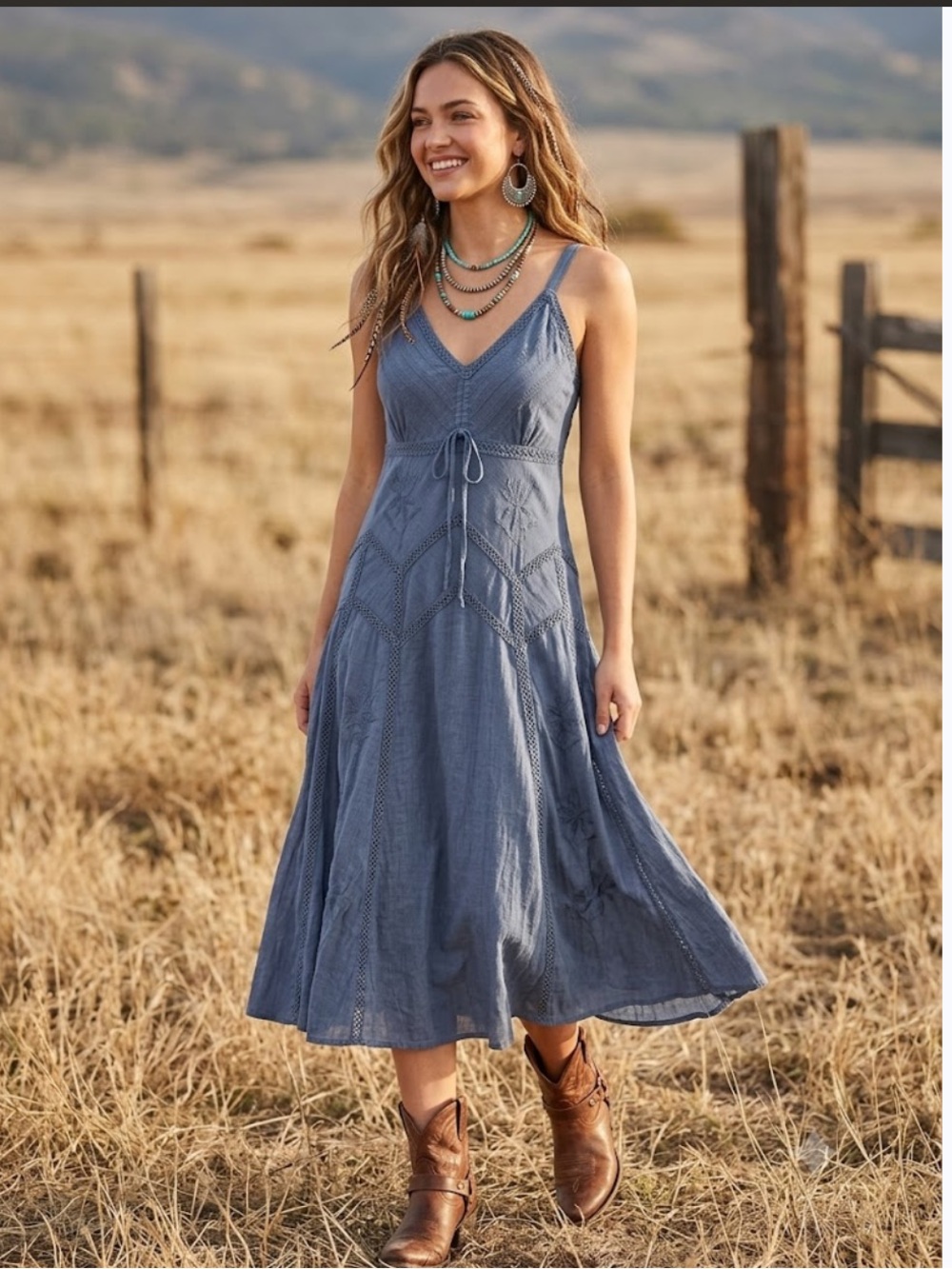Scully Slate Blue V-Neck Midi Dress with Tie Waist